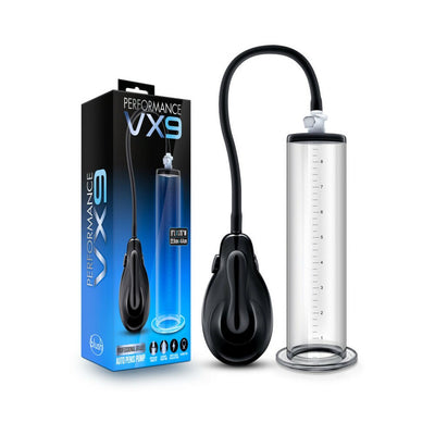 Clear VX9 auto penis pump with black hand pump and measurement markings, displayed next to its blue and black packaging box.