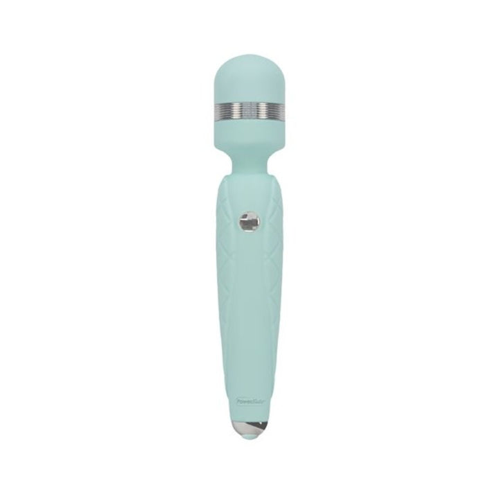 Light blue wand massager with a rounded head, textured handle, and crystal button control on a white background.