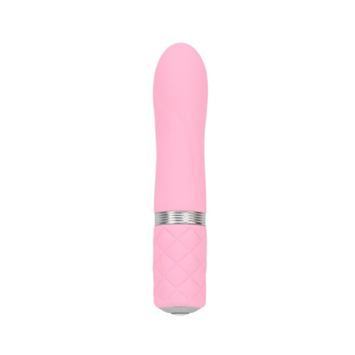 Pink compact vibrator with quilted handle and silver accent ring, designed for discreet and powerful use.