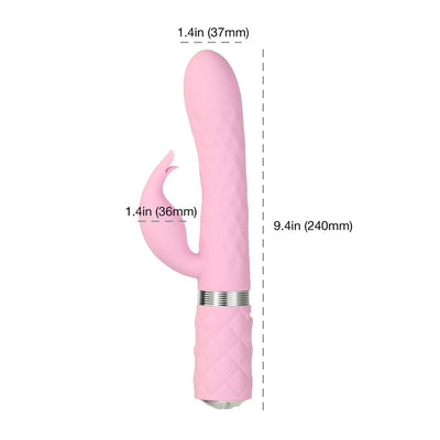 Pink dual stimulator vibrator with rotating shaft and clitoral attachment, textured handle, and size measurements shown.
