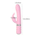 Pink dual stimulator vibrator with rotating shaft and clitoral attachment, textured handle, and size measurements shown.
