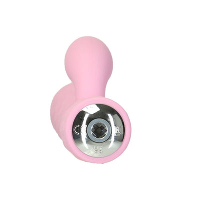 Pink dual stimulator with curved shaft and clitoral attachment, featuring a shiny control panel with Swarovski crystal button.