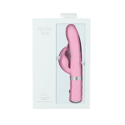 Pink Pillow Talk Lively dual stimulator with textured handle in white retail packaging with clear window.