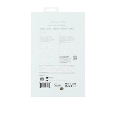 Back view of Pillow Talk Lively Dual Stimulator packaging showing product details and features.