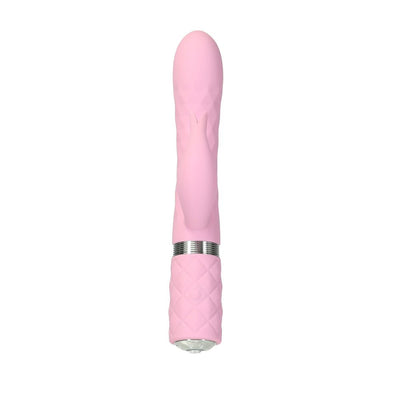 Pink dual stimulator with rotating shaft and clitoral attachment, textured handle, and silver accent ring.