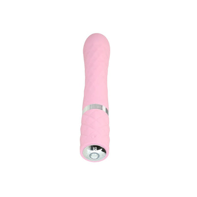 Pink silicone vibrator with textured grip and silver accent, featuring a rounded tip and control button at the base.