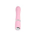 Pink silicone vibrator with textured grip and silver accent, featuring a rounded tip and control button at the base.