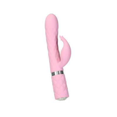 Pink dual stimulator vibrator with textured shaft, curved tip, and clitoral attachment, featuring a quilted handle and silver accent ring.