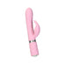 Pink dual stimulator vibrator with textured shaft, curved tip, and clitoral attachment, featuring a quilted handle and silver accent ring.