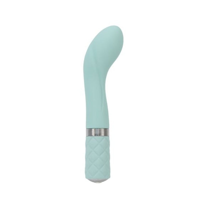 Light blue curved G-spot vibrator with textured handle and silver accent ring, sleek and ergonomic design.