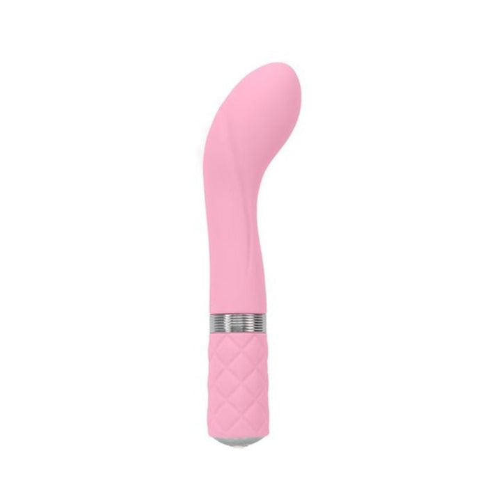 Pink curved G-spot vibrator with textured handle and silver accent ring on a white background.
