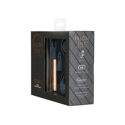 Pillow Talk Secrets Desires 6-piece navy silicone mini massager set in black packaging with rose gold bullet and five interchangeable heads.