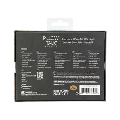 Back view of Pillow Talk Secrets Desires 6-piece mini massager set packaging with product features and multilingual descriptions.