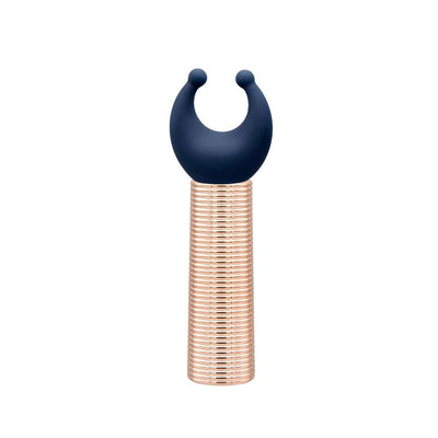 Navy silicone massager head with two rounded tips on a textured rose gold handle against white background.