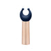 Navy silicone massager head with two rounded tips on a textured rose gold handle against white background.