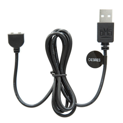 Black USB charging cable with magnetic connector and Desires label for Pillow Talk Secrets massager set.