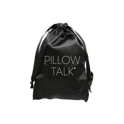 Black satin drawstring pouch with Pillow Talk logo for discreet storage of mini massager set accessories.
