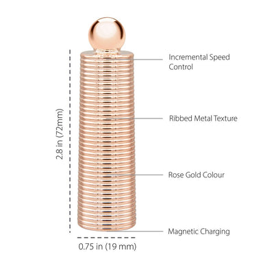 Rose gold mini massager with ribbed metal texture, incremental speed control, and magnetic charging, measuring 2.8 by 0.75 inches.