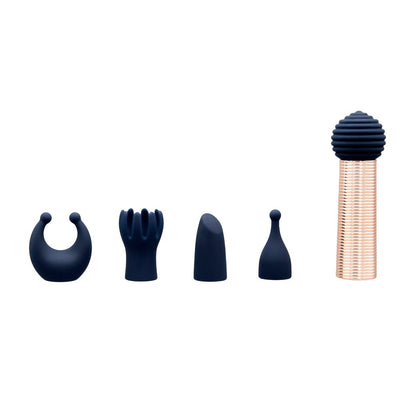 Navy silicone mini massager set with five interchangeable textured heads and a rose gold bullet vibrator base.