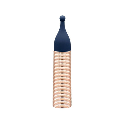 Navy silicone mini massager head with rounded tip attached to a textured rose gold bullet vibrator base.