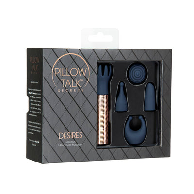 Pillow Talk Secrets Desires 6-piece navy silicone mini massager set with rose gold bullet vibrator in black packaging.