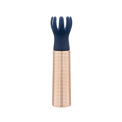 Navy silicone tickler head attached to a rose gold textured mini bullet massager on white background.