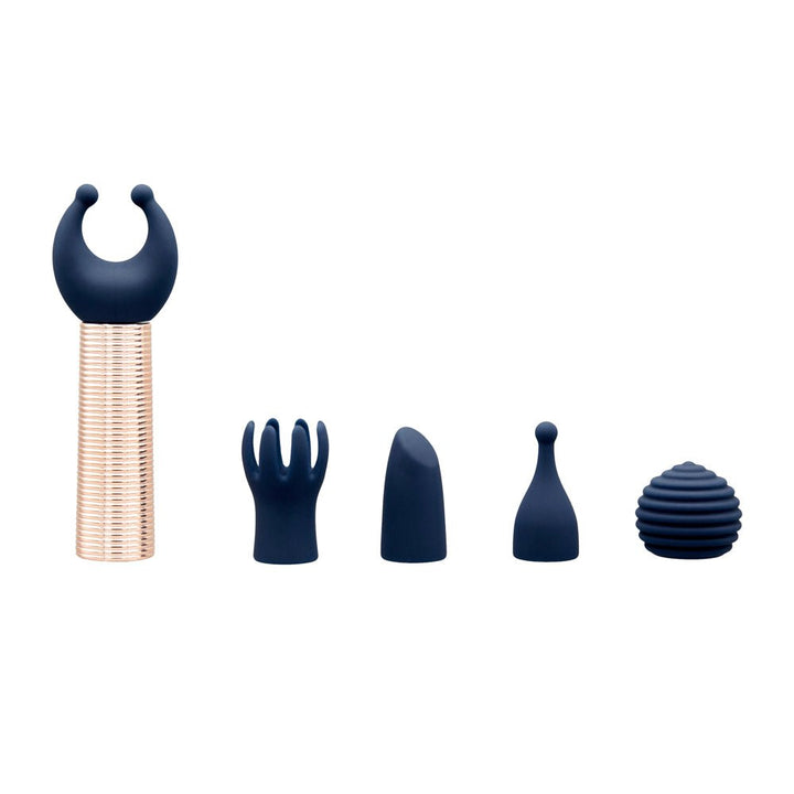 Navy silicone mini massager set with five interchangeable heads and rose gold bullet base on white background.