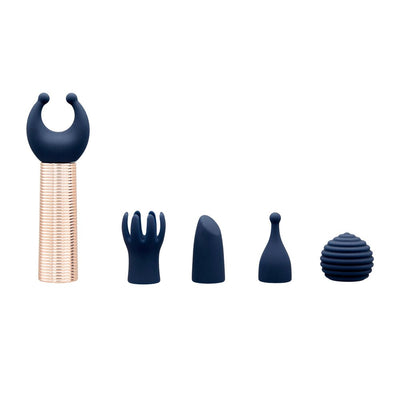 Navy silicone mini massager set with five interchangeable heads and rose gold bullet base on white background.