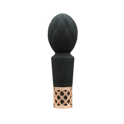 Compact black silicone clitoral vibrator wand with quilted head and rose gold lattice base detail.