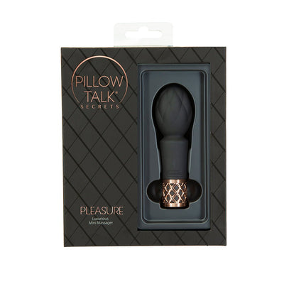 Pillow Talk Secrets Pleasure mini massager in black with rose gold lattice detail in black retail packaging.