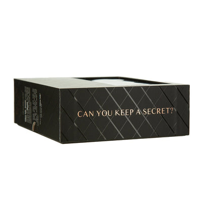 Black Pillow Talk Secrets Pleasure vibrator box with rose gold text reading Can You Keep A Secret? and subtle diamond pattern design.