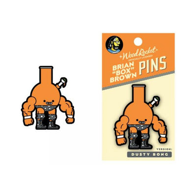 Orange anthropomorphic bong enamel pin with muscular arms and boots, shown on packaging and separately.