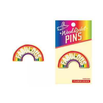 Rainbow enamel lapel pin with the word fabulous in white letters, shown loose and on a Wood Rocket Pins backing card.