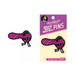 Pink and black striped enamel pin shaped like a running anthropomorphic pipe with legs, displayed on branded backing card.