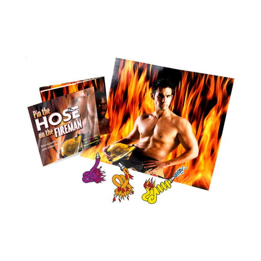 Pin The Hose On The Fireman party game set with shirtless fireman poster, colorful hose cutouts, and packaging against white background.