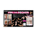 Pin The Pecker party game kit with double-sided posters, blindfold, 24 pre-cut pieces, and reusable sticky pins for playful fun.