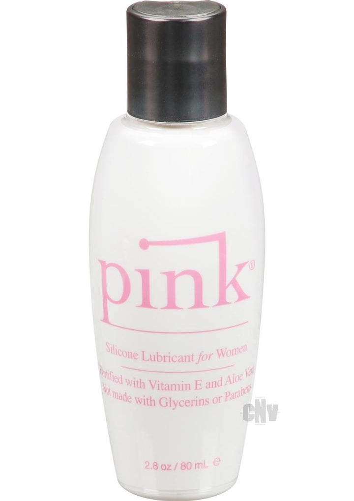 2.8 oz white bottle of Pink silicone lubricant for women with black flip top cap and pink text on front