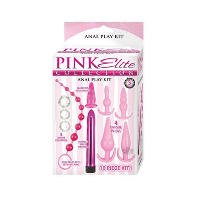 Pink Elite Collection 10-piece anal play kit with vibrator, anal beads, cock rings, teaser tip, and four unique plugs in pink.