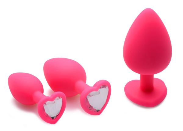 Pink Hearts 3 Piece Silicone Anal Plugs with Gems | SexToy.com