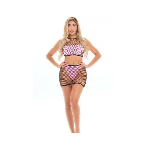 Pink Lipstick Crave You Large Fishnet Cami Top & Skirt, Bandeau Top & Panty Pink O/s - SexToy.com