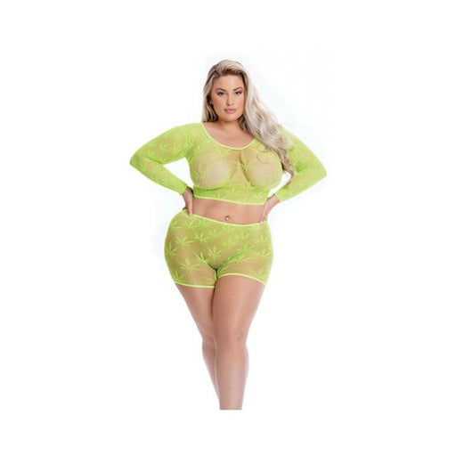Pink Lipstick Leaf It To Me Long Sleeve Crop Top & Short Green Qn - SexToy.com