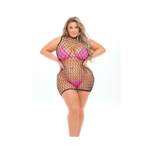 Pink Lipstick Neon Nights Large Fishnet Dress, Tri Top & G-string (fits Up To 3x) Neon Pink Qn - SexToy.com