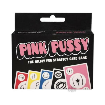 Box of Pink Pussy strategy card game with colorful cards featuring playful abstract designs on a black background.