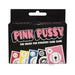 Box of Pink Pussy strategy card game with colorful cards featuring playful abstract designs on a black background.