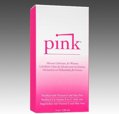 Box packaging of Pink Silicone Lubricant for women, featuring pink gradient design and vitamin E and aloe vera benefits.
