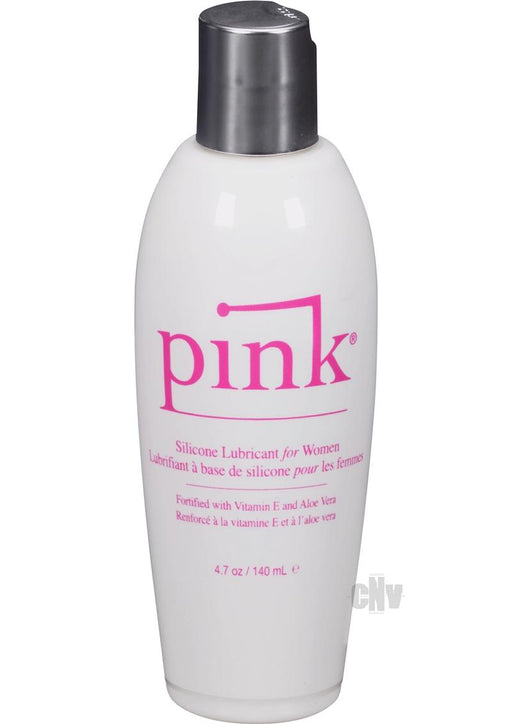 White 4.7 oz bottle of Pink Silicone Lubricant for women with pink text and black flip-top cap