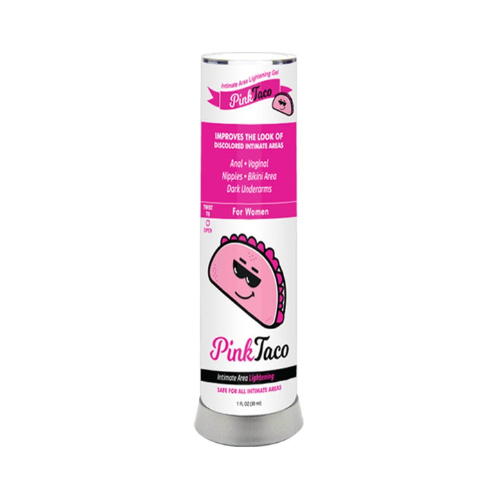 Pink Taco Intimate Area Lightening Gel 1oz bottle with pink and white label and taco logo for women’s skin care.