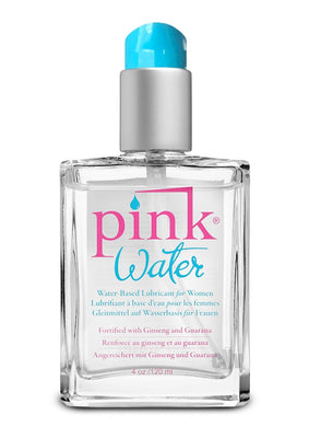 Clear 4oz glass bottle of Pink Water water-based lubricant with blue pump and pink and blue label text.