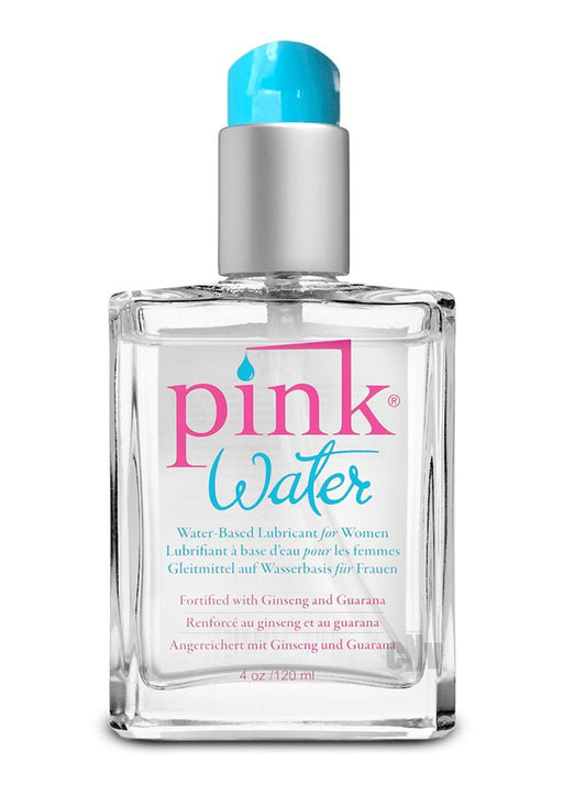 Clear 4oz glass bottle of Pink Water water-based lubricant with blue pump and pink and blue label text.
