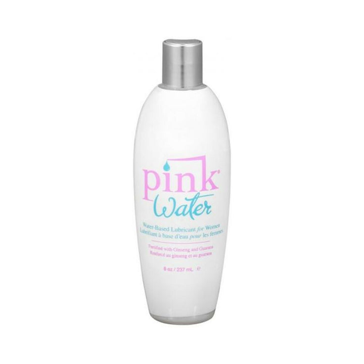 Bottle of Pink Water 8 oz water-based personal lubricant with silver cap and pink and blue label text.